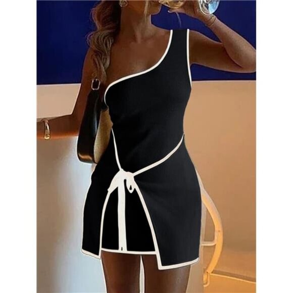 Contrast Trim Single Shoulder Mini Dress - Picture 12 of 12